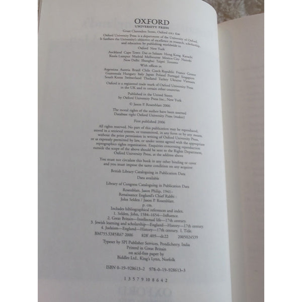 Renaissance England's Chief Rabbi John Selden Judaism Oxford HC DJ Rosenblatt