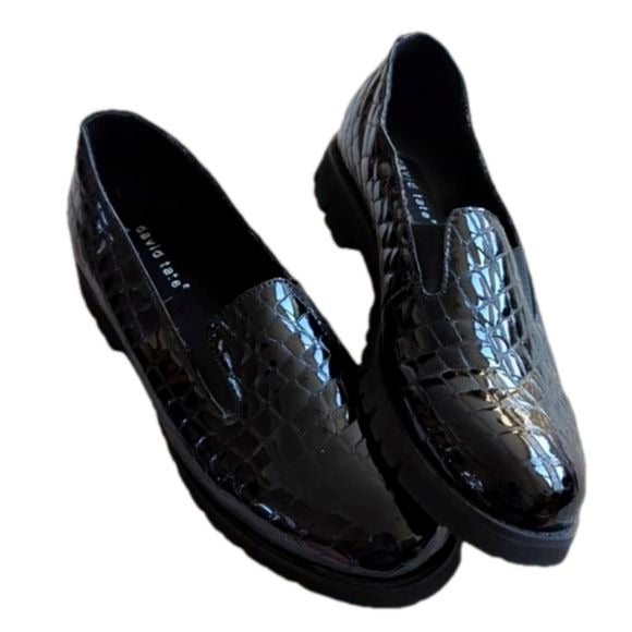 DAVID TATE PEARL Black Croco Print Patent Leather Slip On Loafer Shoes Size 8.5