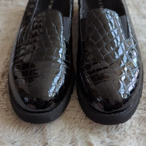 DAVID TATE PEARL Black Croco Print Patent Leather Slip On Loafer Shoes Size 8.5