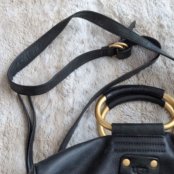 Ugg Australia Handbag Black Leather Rainbow Stitch Satchel Crossbody Purse Bag