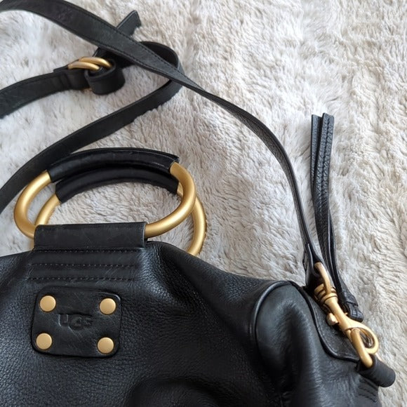 Ugg Australia Handbag Black Leather Rainbow Stitch Satchel Crossbody Purse Bag