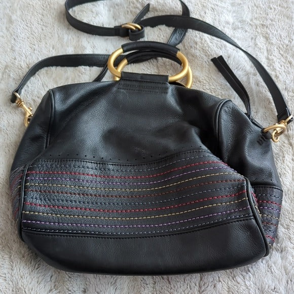 Ugg Australia Handbag Black Leather Rainbow Stitch Satchel Crossbody Purse Bag