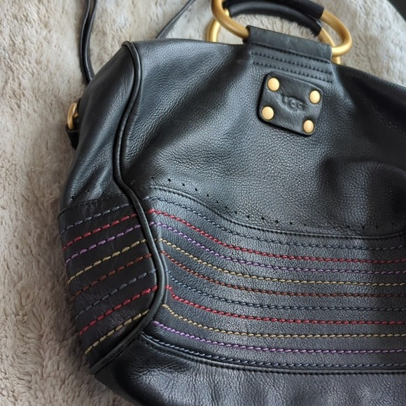 Ugg Australia Handbag Black Leather Rainbow Stitch Satchel Crossbody Purse Bag