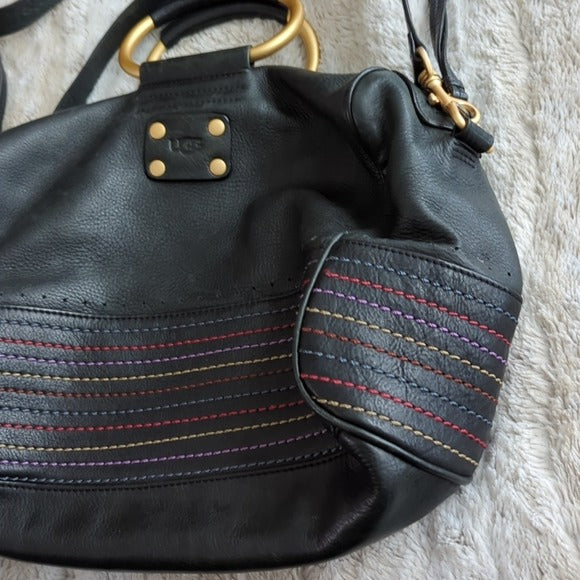 Ugg Australia Handbag Black Leather Rainbow Stitch Satchel Crossbody Purse Bag