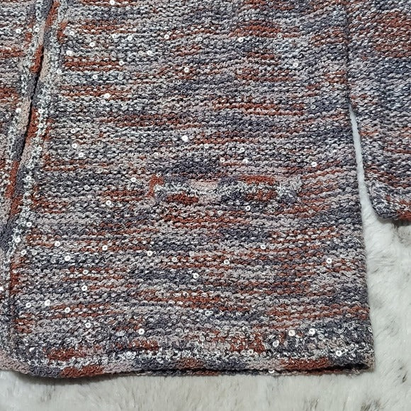 NWT Derby Sequin Accent Grey Brown Silver Clasp Front 3/4 Sleeve Cardigan Size S