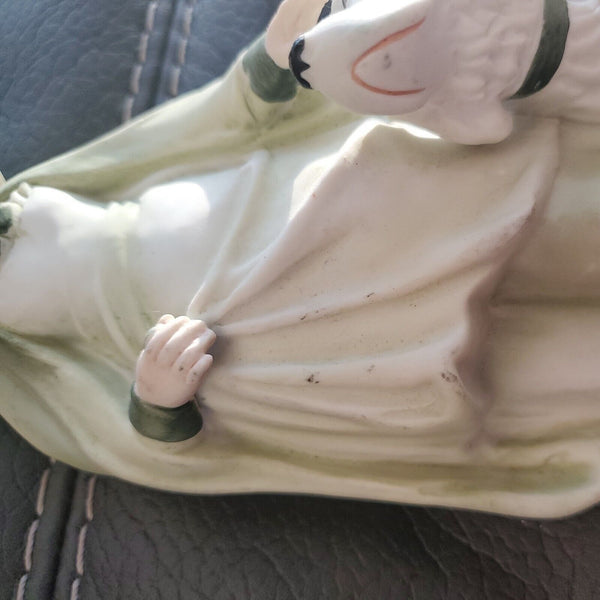 10" ANDREA BY SADEK Bisque Porcelain Figurine Green Girl and Boy with Dog #7154