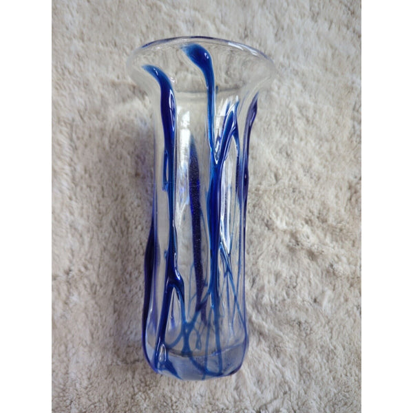 Vintage Murano Style Art Glass Vase Swung Blue and Clear Swirl Twisted 8.5 In