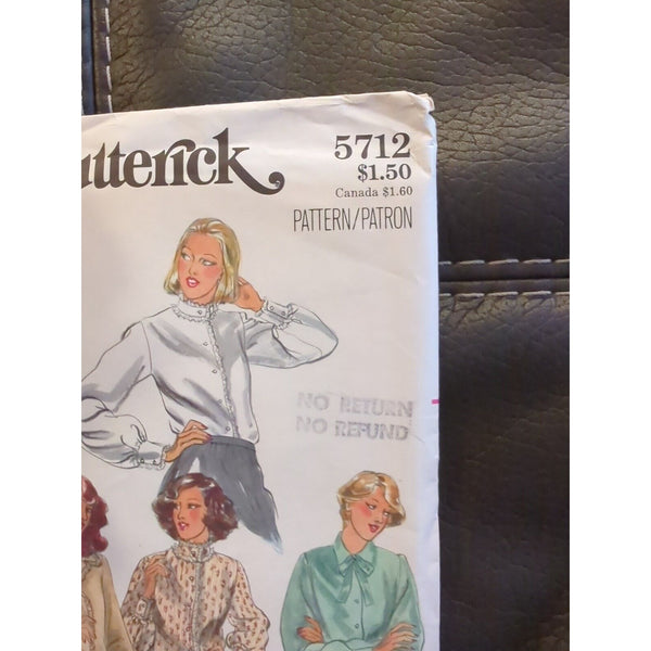 1970's Butterick Misses' Long Sleeves Blouse Pattern 5712 Size 10 UNCUT Vintage