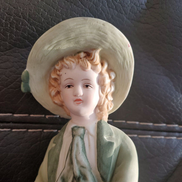 10" ANDREA BY SADEK Bisque Porcelain Figurine Green Girl and Boy with Dog #7154