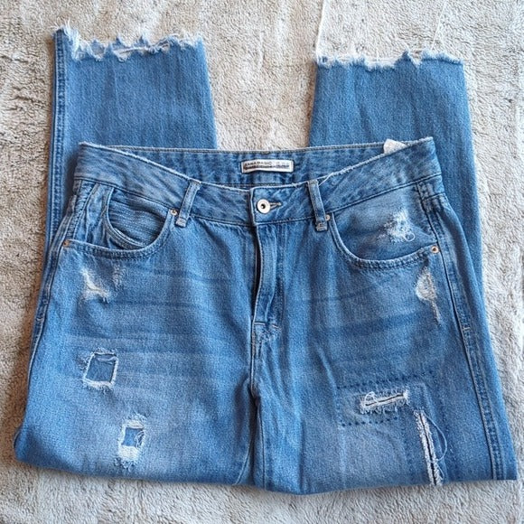 Zara Basic Distressed Patched Mid Rise Boyfriend Cropped Blue Jeans Size 6