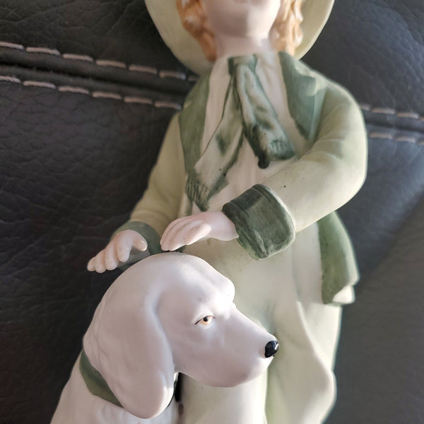 10" ANDREA BY SADEK Bisque Porcelain Figurine Green Girl and Boy with Dog #7154