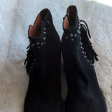 Lucky Brand Ankle Booties Shoes Kaarina Black Suede Fringe Stud Detail Size 6.5