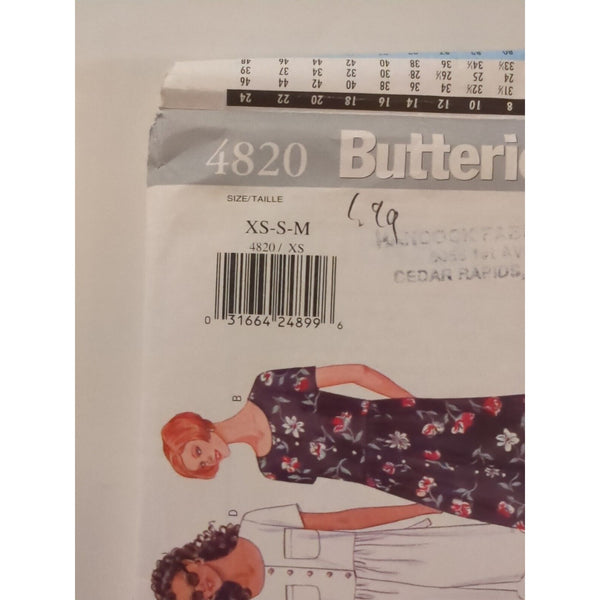 1990's Butterick Misses' Dress Jumpsuit Sewing Pattern 4820 Size XS-M UNCUT