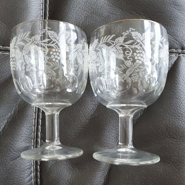 Bartlett Collins 6.25” Goblets Clear Gold Trim White Grape & Leaf Decal SET OF 2