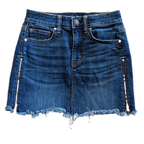 American Eagle Distressed Stretch Side Zipper Denim Blue Jean Mini Skirt Size 2