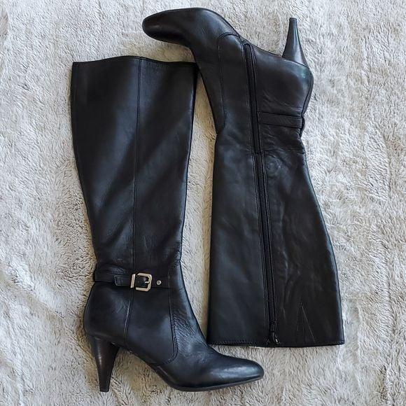 Antonio Melani Black Leather Heeled Knee High Full Zippered Boots Size 8M