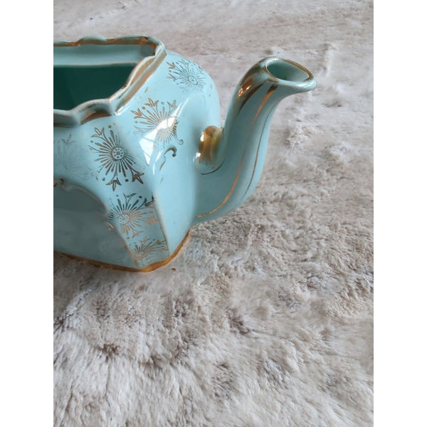 Vintage SADLER Cube Teapot MINT GREEN Gold Gilt Filigree Made in England #2085