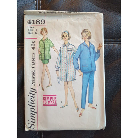 1960s VTG Simplicity 4189 Pajamas Sleepcoat Shirtdress Sew Pattern Teen Size 12