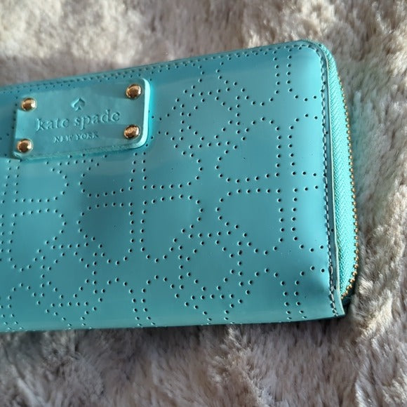 Kate Spade Aqua Blue Green Perforated Patent Leather Large Zip Around Wallet