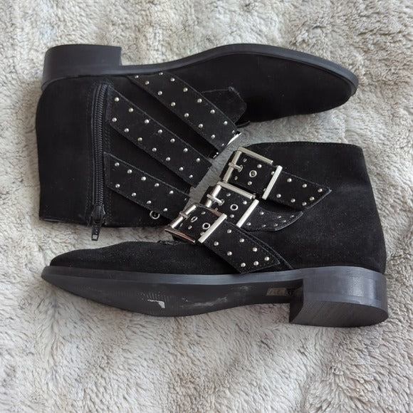 Topshop Krown Women's Black Silver Suede Buckle Studded Ankle Booties Size 6.5