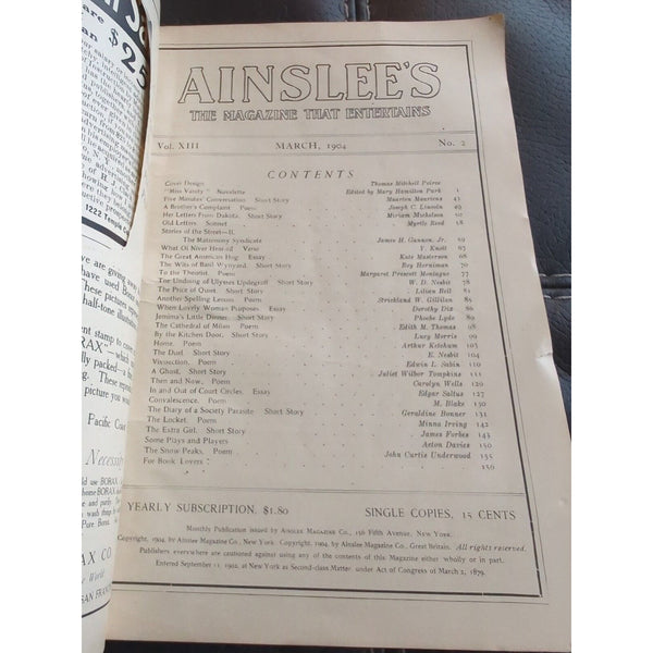 Ainslee's The Magazine That Entertains  March 1904 Short Stories Essays Poems