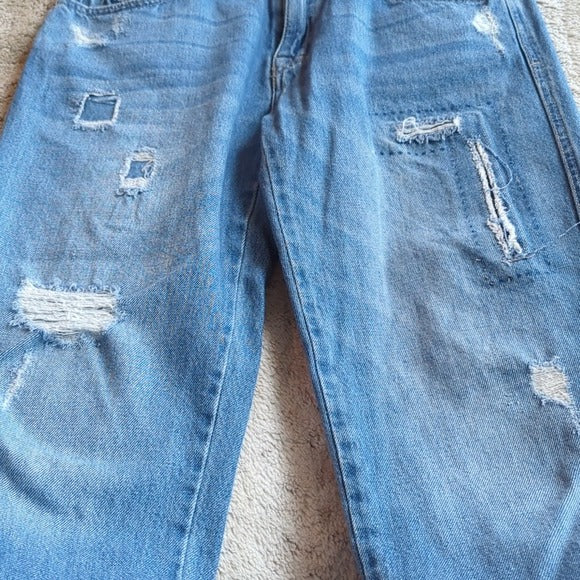 Zara Basic Distressed Patched Mid Rise Boyfriend Cropped Blue Jeans Size 6