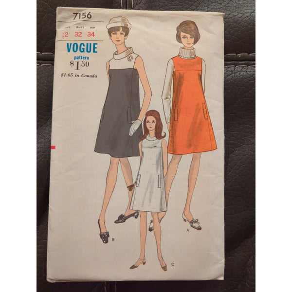 1960s Vogue Sewing Pattern 7156 Womens Dress Jumper 3 Styles Size 12 Vintge