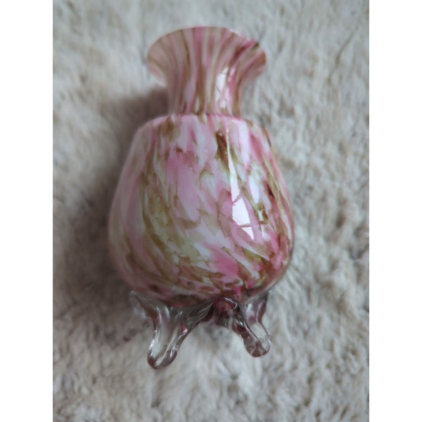 Victorian End of Day Blended Polychrome Spatter Art Foot Glass Vase Pink 4.5 In