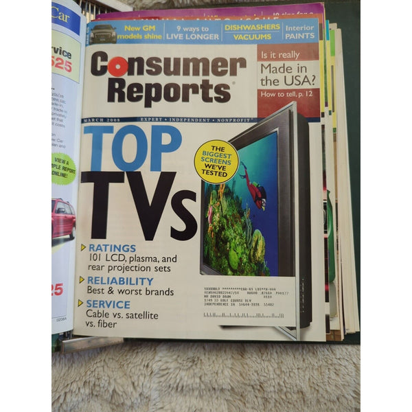 2008 CONSUMER REPORTS Magazine Monthly Jan-Dec Address Labels - In Green Binder