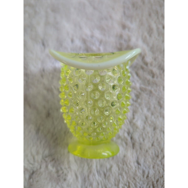 Fenton Topaz Vaseline Opalescent Hobnail Hat Mini Fan Vase 3.5 In Uranium Glass