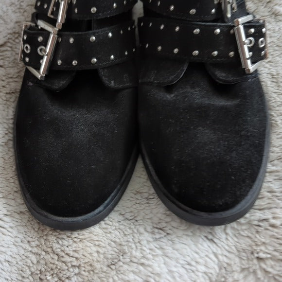 Topshop Krown Women's Black Silver Suede Buckle Studded Ankle Booties Size 6.5