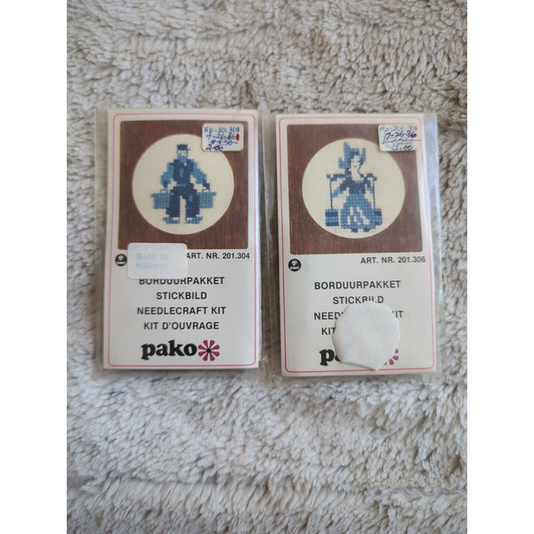 Pako Cross Stitch Kits with Wood Frames Blue Threads Farmer Worker Man And Woman