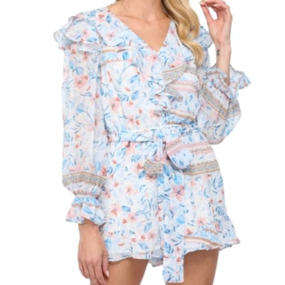 Fate Floral Print Light Weight Ruffle Shorts Romper In Blue White Multi Size S