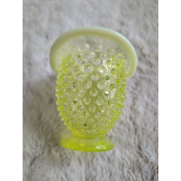 Fenton Topaz Vaseline Opalescent Hobnail Hat Mini Fan Vase 3.5 In Uranium Glass