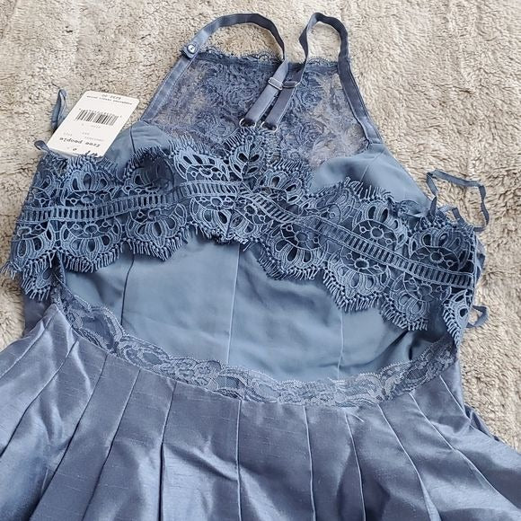 Free People Sky Blue Heart to Heart Lace Halter Neck Flare Romper NWT Size 0