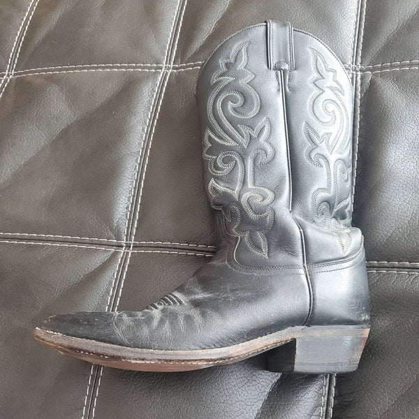 Vtg Justin Men's Leather Cowboy Western Boots White Flame Stitch Black Size 10.5