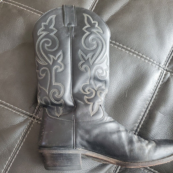 Vtg Justin Men's Leather Cowboy Western Boots White Flame Stitch Black Size 10.5