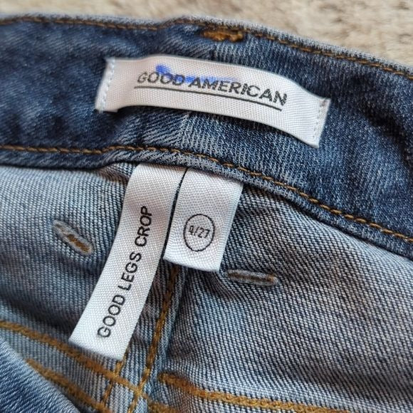 Good American Distressed High Rise Raw Hem Good Legs Crop Blue Jeans Size 27