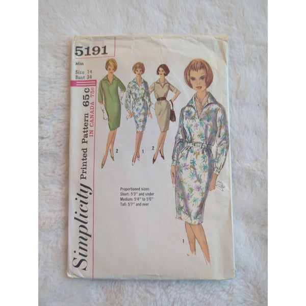 Simplicity Vintage Pattern 5191 Misses One Piece Dress Sheath V-Neck Sz 14 CUT
