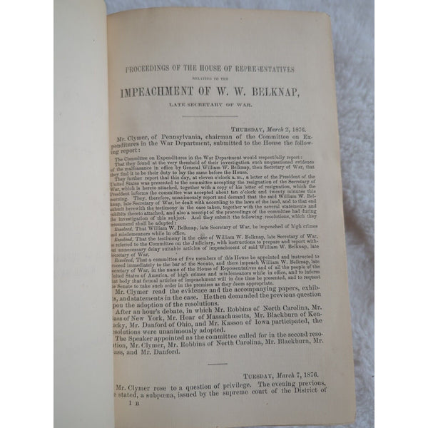 Trial Of William W Belknap Proceedings Of The Senate Articles Of Impeachment HC