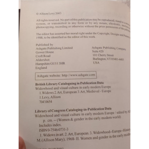 Widowhood And Visual Culture In Early Modern Europe Allison Levy HC DJ 2003 Vtg