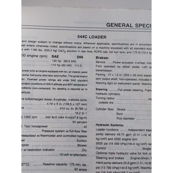 John Deere 544C Loader Service Repair Technical Manual TM-1228 Aug 1982 Binder
