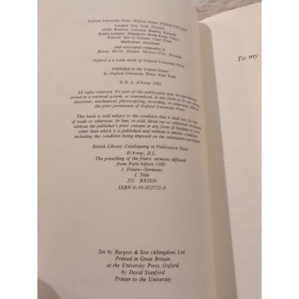 The Preaching of the Friars Sermons Diffused from Paris Before 1300 D'Avray HC