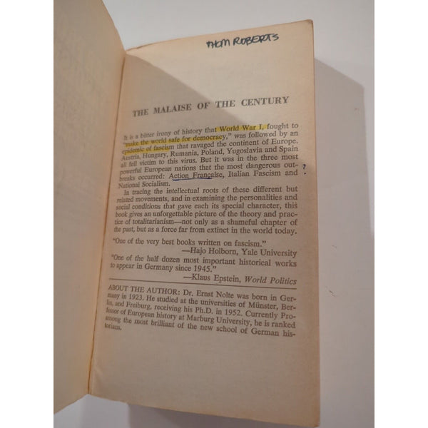 Three Faces Of Fascism Ernst Nolte A Mentor Book SC First Printing April 1969