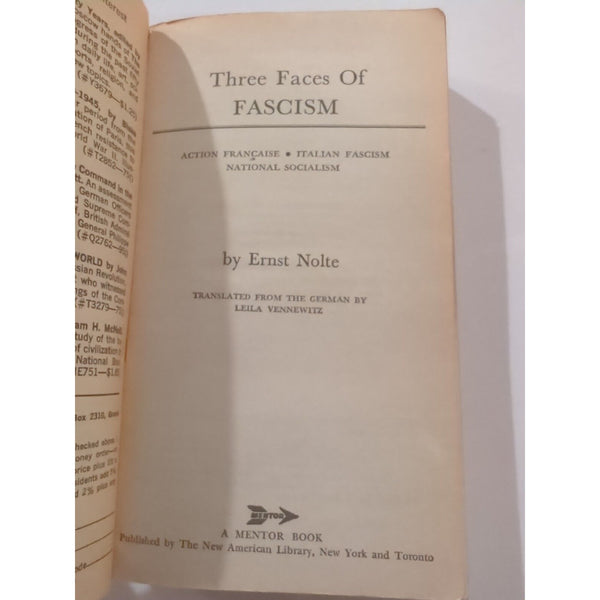 Three Faces Of Fascism Ernst Nolte A Mentor Book SC First Printing April 1969