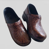 Dansko Professional Brown Tooled Scroll Work Leather Mule Clogs Size 10.5 / 41