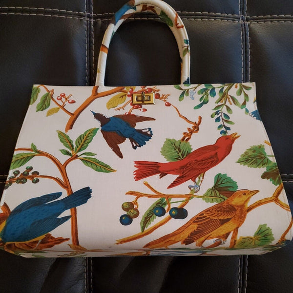 Vintage MARGARET SMITH Handbag Fabric Gardiner Maine Top Handle Birds Berries