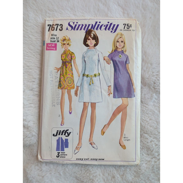 Simplicity Pattern 7673 Mini Dress Vintage 1963 Miss 12 Bust 34 Cut Jiffy Easy