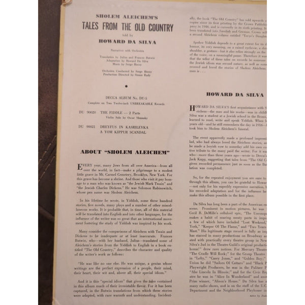 Sholem Aleichems Tales From The Old Country Howard Da Silva DU5  Decca 4 LP Disc