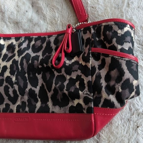 Coach Red Leather and Leopard Ocelot Fabric Carrie Tote Shoulder Bag Purse